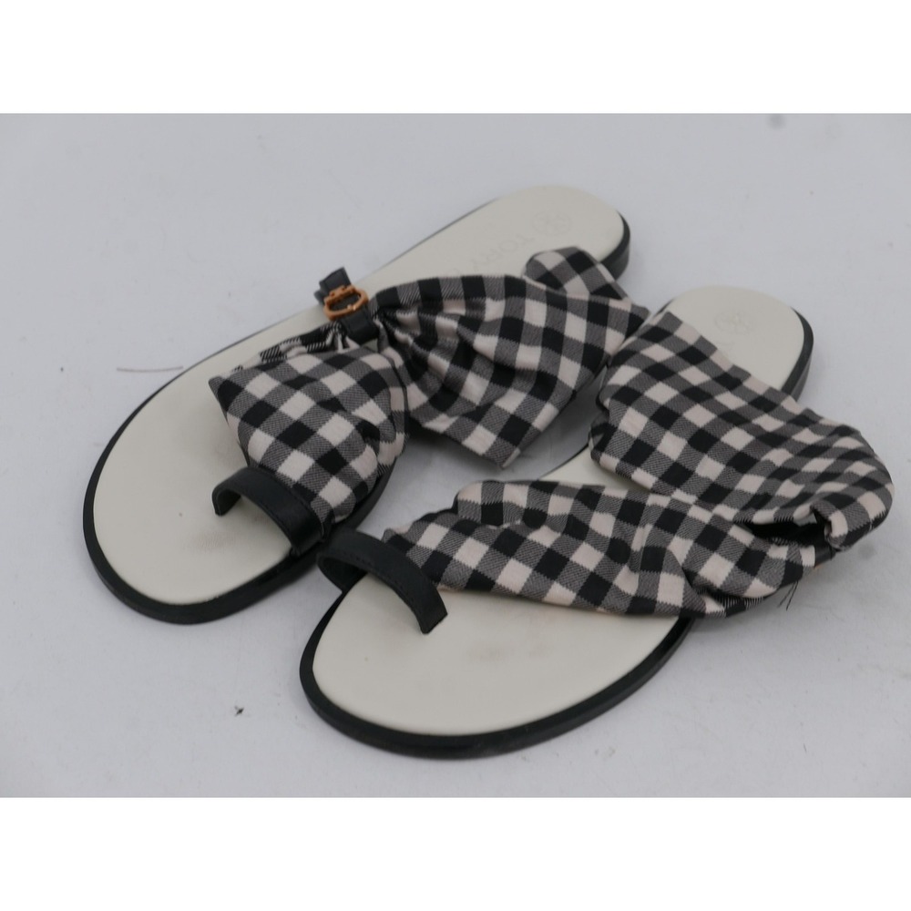 Tory Burch Selby Scarf Flat Toe Ring Sandals Black Gingham Women's Size 9.5